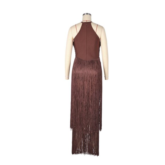 🤎 STUNNING Chocolate Brown Fringe Halter Gown - Picture 4 of 8